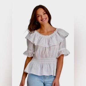 Universal Thread Womens White Short Sleeve Eyelet Peplum Blouse Top Size Small